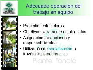 Adecuada operación del trabajo en equipo   Procedimientos claros.  Objetivos claramente establecidos.  Asignación de acciones y responsabilidades.  Utilización de  socialización   a través de plenarias.  