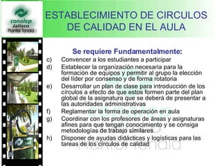 ESTABLECIMIENTO DE CIRCULOS DE CALIDAD EN EL AULA Se requiere Fundamentalmente : Convencer a los estudiantes a participar Establecer la organización necesaria para la formación de equipos y permitir al grupo la elección del líder por consenso y de forma rotatoria Desarrollar un plan de clase para introducción de los círculos a efecto de que estos formen parte del plan global de la asignatura que se deberá de presentar a las autoridades administrativas Reglamentar la forma de operación en aula  Coordinar con los profesores de áreas y asignaturas afines para que tengan conocimiento y se consiga metodologías de trabajo similares Disponer de ayudas didácticas y logísticas para las tareas de los círculos de calidad 