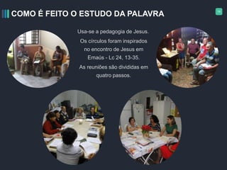14
COMO É FEITO O ESTUDO DA PALAVRA
Usa-se a pedagogia de Jesus.
Os círculos foram inspirados
no encontro de Jesus em
Emaús - Lc 24, 13-35.
As reuniões são divididas em
quatro passos.
Second image
Lorem ipsum dolor sit amet, consectetur
adipiscing elit. Fusce diam tortor, mattis
quis dapibus vitae, euismod non purus.
Maecenas ut lacus nec mauris feugiat
tristique euismod non purus.
 