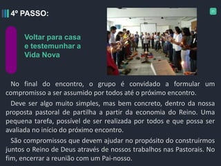 21
No final do encontro, o grupo é convidado a formular um
compromisso a ser assumido por todos até o próximo encontro.
Deve ser algo muito simples, mas bem concreto, dentro da nossa
proposta pastoral de partilha a partir da economia do Reino. Uma
pequena tarefa, possível de ser realizada por todos e que possa ser
avaliada no início do próximo encontro.
São compromissos que devem ajudar no propósito do construirmos
juntos o Reino de Deus através de nossos trabalhos nas Pastorais. No
fim, encerrar a reunião com um Pai-nosso.
4º PASSO:
Voltar para casa
e testemunhar a
Vida Nova
 