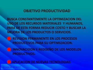 OBJETIVO PRODUCTIVIDADBUSCA CONSTANTEMENTE LA OPTIMIZACION DEL USO DE LOS RECURSOS MATERIALES  Y HUMANOS, PARA DE ESTA FORMA REDUCIR COSTO Y BUSCAR LA MEJORA DE LOS PRODUCTOS O SERVICIOS.REVISION PERMANENTE EN LOS PROCESOS PRODUCTIVOS PARA SU OPTIMIZACION.INNOVACIOON Y REDISEÑO DE LOS MODELOS PRODUCTIVOS.APLICACION DE NUEVAS TECNOLOGIAS.