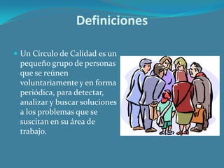 Definiciones
 Un Círculo de Calidad es un

pequeño grupo de personas
que se reúnen
voluntariamente y en forma
periódica, para detectar,
analizar y buscar soluciones
a los problemas que se
suscitan en su área de
trabajo.

 