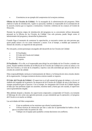 ·  Constituirse en un ejemplo del compromiso de la mejora continua. 
Oficina de los Círculos de Calidad.­ Es la encargada de la administración del programa. Debe 
elaborar el plan de introducción, vigilar su ejecución; también es responsable de la contratación de 
la asesoría externa que se requiera e instructores. Controla e informa de los avances al Comité de 
Dirección. 
Durante  las  primeras  etapas de  introducción  del  programa no es conveniente  utilizar  demasiado 
personal  en  la  Oficina  de  los  Círculos  de  Calidad.  Una  sola  persona,  puede  fungir  como  el 
administrador del programa y desarrollar la planeación. 
Cuando llega el momento de comenzar la capacitación, es necesario contar con otra persona que 
quizá  puede  actuar a  la vez como  instructor  y  asesor. Con  el tiempo,  a medida que  aumenta el 
número de círculos, se requerirá de más personal. 
Por otra parte, existen personajes encargados del desarrollo de los Círculos de Calidad:
·  El Facilitador.
·  El Líder del Círculo de Calidad.
·  El instructor.
·  El experto. 
El Facilitador.­ El o ella, es el responsable para dirigir las actividades de los Círculos y atender sus 
juntas. Siendo también miembro de la Oficina de los Círculos de Calidad sirve como un enlace o vía 
entre los Círculos y el resto de la compañía y reporta a una alta autoridad que apoya la idea de los 
círculos de control de calidad. 
Otras responsabilidades incluyen el entrenamiento de líderes y la formación de otros círculos dentro 
de la organización. Consigue asistencia técnica externa cuando se requiera. 
El Líder del Círculo de Calidad.­ El supervisor es el jefe natural del grupo de trabajo y a la vez el 
símbolo del respaldo de la gerencia. Su ausencia de los Círculos de Calidad, de una u otra forma, es 
siempre perjudicial para el proceso. Con el tiempo, los integrantes del Círculo de Calidad elegirán 
al líder que mas prefieran según sus acuerdos; mientras tanto y hasta que esto suceda, el supervisor 
será el generalmente elegido. 
Más adelante después y durante, los supervisores empezarán a comprender el Círculo y no tomarán 
el liderazgo de otro como una agresión personal, ya que entenderán que la operación y el progreso 
del Círculo es en mucho su trabajo. 
Las actividades del líder comprenden:
·  Crear un ambiente en las reuniones que aliente la participación.
·  Utilizar técnicas de interacción que dan a cada uno la oportunidad de hablar a fin de 
que se escuchen todos los puntos de vista.
·  Trabajar con el equipo para ayudarles a tomar decisiones sin conflictos.
 