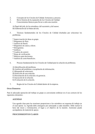 2.  Concepto de los Círculos de Calidad. Estructura y proceso. 
3.  Breve historia de la expansión de los Círculos de Calidad. 
4.  Conocimientos básicos para llevar a cabo una reunión: 
A) Papel del jefe, de los miembros, del secretario y del asesor. 
B) Elaboración de la Orden del día. 
5.  Técnicas  fundamentales  de  los  Círculos  de  Calidad  diseñadas  par  solucionar  los 
problemas. 
* Improvisación de ideas en grupo. 
* Diagramas de flujo. 
* Análisis de Pareto. 
* Diagramas de causa y efecto. 
* Histogramas. 
* Gráficos. 
* Cuadros de control. 
* Hojas de verificación. 
* Matrices para decisiones. 
* Análisis de costo­beneficios. 
6.  Proceso fundamental de los Círculos de Calidad para la solución de problemas. 
A) Identificación del problema. 
B) Análisis del problema y recopilación de información. 
C) Búsqueda de soluciones. 
D) Selección de una solución. 
E) Presentación de la solución a la gerencia. 
F) Ejecución de la solución. 
G) Evaluación de la solución. 
7.  Reglas de los Círculos de Calidad dentro de la empresa. 
Otros Elementos 
Para la adecuada operación del trabajo en grupo es conveniente enfatizar en el uso correcto de los 
siguientes elementos: 
AGENDAS 
Una agenda clara para las reuniones proporciona a los miembros un esquema de trabajo en 
el cual operar. La Agenda debe entregarse por anticipado a cada miembro. Debe incluir la 
hora  (de  inicio  y  terminación),  el  lugar  y  el  objetivo  de  la  reunión.  Asimismo  puede 
acompañarse de material de apoyo. 
PROCEDIMIENTOS CLAROS
 