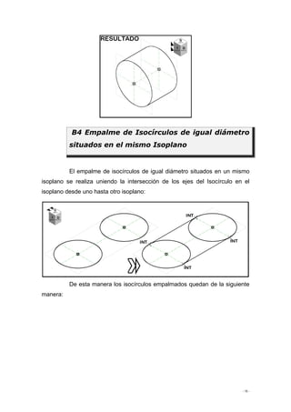 - 15 -
El empalme de isocírculos de igual diámetro situados en un mismo
isoplano se realiza uniendo la intersección de los ejes del Isocírculo en el
isoplano desde uno hasta otro isoplano:
De esta manera los isocírculos empalmados quedan de la siguiente
manera:
B4 Empalme de Isocírculos de igual diámetro
situados en el mismo Isoplano
 