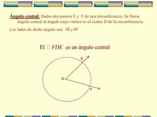 Ángulo central: Dados dos puntos E y F de una circunferencia. Se llama
    ángulo central al ángulo cuyo vértice es el centro D de la circunferencia.
                                  
                                    
Los lados de dicho ángulo son    DE y DF




                 El  FDE es un ángulo central
                                            E
                                            .


                             D
                                                .
                                                F
 