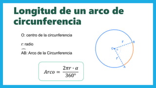 00
Longitud de un arco de
circunferencia
𝐴𝑟𝑐𝑜 =
2𝜋𝑟 ∙ 𝛼
360°
O: centro de la circunferencia
r: radio
AB: Arco de la Circunferencia
 