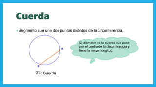 Cuerda
• Segmento que une dos puntos distintos de la circunferencia.
El diámetro es la cuerda que pasa
por el centro de la circunferencia y
tiene la mayor longitud.
A
B
𝐴𝐵: Cuerda
 