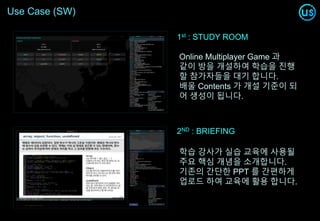Use Case (SW)
Online Multiplayer Game 과
같이 방을 개설하여 학습을 진행
할 참가자들을 대기 합니다.
배울 Contents 가 개설 기준이 되
어 생성이 됩니다.
1st : STUDY ROOM
2ND : BRIEFING
학습 강사가 실습 교육에 사용될
주요 핵심 개념을 소개합니다.
기존의 간단한 PPT 를 간편하게
업로드 하여 교육에 활용 합니다.
 