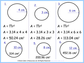4 cm 3 cm 6 cm A =  Π r 2 A = 3.14 x 4 x 4 A = 50.24 cm 2 A =  Π r 2 A = 3.14 x 3 x 3 A = 28.26 cm 2 A =  Π r 2 A = 3.14 x 6 x 6 A = 113.04 cm 2 10 cm 8 cm 12 cm 314 cm 2 200.96 cm 2 452.16 cm 2 1 . 2. 3. 4 . 5 . 6 . © Brain-Cells: E.Resources Ltd. All Rights Reserved  www.brain-cells.co.uk 