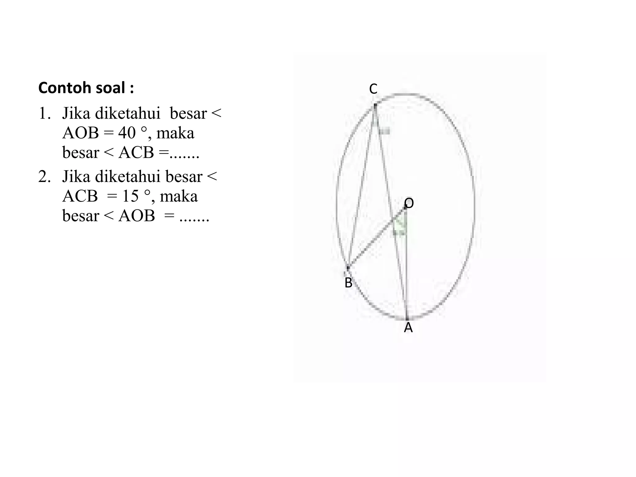 Contoh soal :
1. Jika diketahui besar <
AOB = 40 °, maka
besar < ACB =.......
2. Jika diketahui besar <
ACB = 15 °, maka
besar < AOB = .......
C
O
B
A