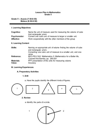 Lesson Plan in Mathematics
Grade 5
Grade V – Acacia (7:50-8:50)
Molave (8:50-9:50)
I. Learning Objectives
Cognitive: Name the unit of measure used for measuring the volume of cube
And rectangular prism
Psychomotor: Convert one cubic unit of measure to larger or smaller unit
Affective: Work cooperatively with the other members of the group
II. Learning Content
Skills: Naming an appropriate unit of volume finding the volume of cube
and rectangular prism.
Converting one cubic unit of measure to a smaller unit, and vice
versa
Reference: BEC-PELC III.3 Mathematics 5: Mathematics for a Better life,
Coronel And Bamba, pp. 260-261
Materials: PPT presentation of the units for measuring volume
Value: Accuracy
III. Learning Experiences
A. Preparatory Activities
1. Drill
a. Have the pupils identify the different kinds of figures.
2. Review
a. Identify the parts of a circle.
1 2
1 2
3
4 5
 