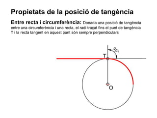 Propietats de la posició de tangència
Entre recta i circumferència: Donada una posició de tangència
entre una circumferència i una recta, el radi traçat fins el punt de tangència
T i la recta tangent en aquest punt són sempre perpendiculars
 