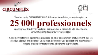 Tous les mois, CIRCUMFLEX.INFO diffuse sa Newsletter, envoyée à plus de
répertoriant les derniers articles présents sur la racine, le site plate-forme
circumflex.info (taux d’ouverture : 83%)
Cette newsletter est également proposée en libre consultation gratuitement sur les
réseaux sociaux afin de créer une action de Pull sur vos publications et ainsi créer
encore plus de contacts clients, adhérents et prospects.
25 000 professionnels
 