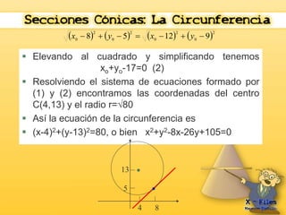        2 
x0  8  y  5  x 12  y  9 
0 
2 
0 
2 
0 
2 
 Elevando al cuadrado y simplificando tenemos 
xo+yo-17=0 (2) 
 Resolviendo el sistema de ecuaciones formado por 
(1) y (2) encontramos las coordenadas del centro 
C(4,13) y el radio r=80 
 Así la ecuación de la circunferencia es 
 (x-4)2+(y-13)2=80, o bien x2+y2-8x-26y+105=0 
8 
5 
4 
13 
