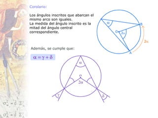 Corolario:
Los ángulos inscritos que abarcan el
mismo arco son iguales.
La medida del ángulo inscrito es la
mitad del ángulo central
correspondiente.
2
Además, se cumple que:
 = g + d
 