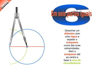 Desenhar um
diâmetro com
uma régua e
espetar o
compasso
numa das suas
extremidades.
Abrir o
compasso até
ao centro e
fazer o arco de
circunferência.
 