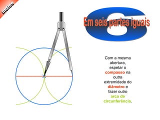 Com a mesma
abertura,
espetar o
compasso na
outra
extremidade do
diâmetro e
fazer outro
arco de
circunferência.
 