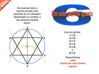 4
6 2
35
1
Une os pontos:
1 a 3;
3 a 5;
5 a 1;
2 a 4;
4 a 6;
e
6 a 2.
Desenhámos
uma
estrela de seis pontas
regular.
Se tivesses feito a
mesma divisão mas
partindo de um diâmetro
desenhado na vertical, o
teu desenho estaria
assim.
 