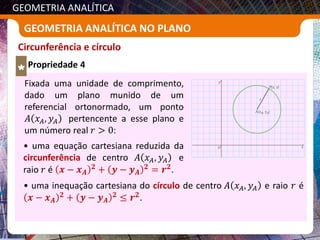 GEOMETRIA ANALÍTICA
GEOMETRIA ANALÍTICA NO PLANO
Propriedade 4
Circunferência e círculo
Fixada uma unidade de comprimento,
dado um plano munido de um
referencial ortonormado, um ponto
𝐴 𝑥𝐴, 𝑦𝐴 pertencente a esse plano e
um número real 𝑟 > 0:
• uma equação cartesiana reduzida da
circunferência de centro 𝐴 𝑥𝐴, 𝑦𝐴 e
raio 𝑟 é 𝒙 − 𝒙𝑨
𝟐
+ 𝒚 − 𝒚𝑨
𝟐
= 𝒓𝟐
.
• uma inequação cartesiana do círculo de centro 𝐴 𝑥𝐴, 𝑦𝐴 e raio 𝑟 é
𝒙 − 𝒙𝑨
𝟐
+ 𝒚 − 𝒚𝑨
𝟐
≤ 𝒓𝟐
.
 