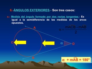 6.- ÁNGULOS EXTERIORES .-  Son tres casos: a.-  Medida del ángulo formado por dos rectas tangentes .-  Es  igual a la semidiferencia de las medidas de los arcos opuestos.  A B C O    + mAB = 180° 