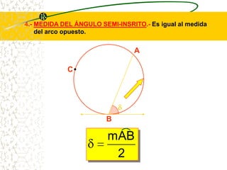4.- MEDIDA DEL ÁNGULO SEMI-INSRITO.- Es igual al medida
    del arco opuesto.


                                 A

            C




                        B

                         mAB
                          2
 