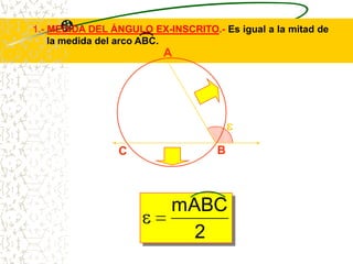 1.- MEDIDA DEL ÁNGULO EX-INSCRITO.- Es igual a la mitad de
    la medida del arco ABC.
                         A




                C                   B



                           mABC
                             2
 