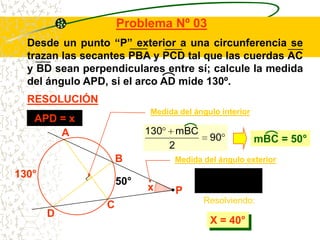 Problema Nº 03
  Desde un punto “P” exterior a una circunferencia se
  trazan las secantes PBA y PCD tal que las cuerdas AC
  y BD sean perpendiculares entre sí; calcule la medida
  del ángulo APD, si el arco AD mide 130º.
  RESOLUCIÓN
                           Medida del ángulo interior
   APD = x
       A                   130       mBC
                                              90          mBC = 50°
                                 2
                     B           Medida del ángulo exterior
130°                                           130       50
                     50°                 X
                           x         P               2
                                             Resolviendo:
                 C
       D
                                              X = 40°
 