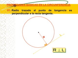 PROPIEDADES BÁSICAS EN LA CIRCUNFERENCIA

01.-Radio trazado al punto de tangencia   es
    perpendicular a la recta tangente.




                              R    L
 