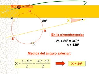 RESOLUCIÓN
        Q
a
                       80º               X             P


                        R
                               En la circunferencia:
S
                                  2a + 80º = 360º
                a                        a = 140º

           Medida del ángulo exterior:

        a 80º       140º 80º
    X                                        X = 30º
          2             2
 