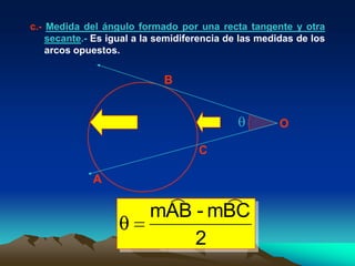 c.- Medida del ángulo formado por una recta tangente y otra
    secante.- Es igual a la semidiferencia de las medidas de los
    arcos opuestos.


                             B


                                                      O

                                    C

             A

                         mAB - mBC
                             2
 