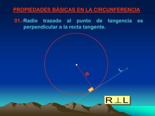 PROPIEDADES BÁSICAS EN LA CIRCUNFERENCIA

01.-Radio trazado al punto de tangencia   es
    perpendicular a la recta tangente.




                              R    L
 