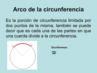Arco de la circunferencia
Es la porción de circunferencia limitada por
dos puntos de la misma, también se puede
decir que es cada una de las partes en que
una cuerda divide a la circunferencia.
Escribiremos:
AB
 