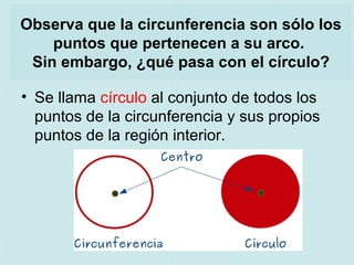 Observa que la circunferencia son sólo los
puntos que pertenecen a su arco.
Sin embargo, ¿qué pasa con el círculo?
• Se llama círculo al conjunto de todos los
puntos de la circunferencia y sus propios
puntos de la región interior.
 