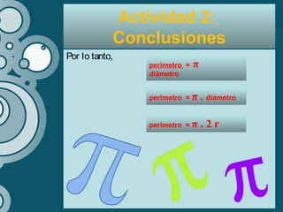 Por lo tanto,
Actividad 2:
Conclusiones
perímetro = π . diámetro
perímetro = π
diámetro
perímetro = π . 2 r
 