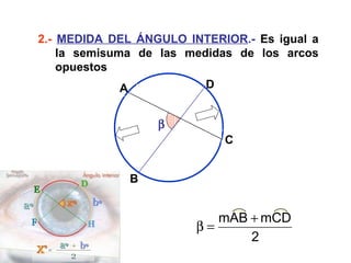 2.-  MEDIDA DEL ÁNGULO INTERIOR .-  Es igual a la semisuma de las medidas de los arcos opuestos  A C B D 