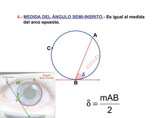4.-  MEDIDA DEL ÁNGULO SEMI-INSRITO .-  Es igual al medida del arco opuesto.  A B C 