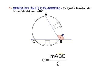  A B C 1.-  MEDIDA DEL ÁNGULO EX-INSCRITO .-  Es igual a la mitad de la medida del arco ABC.  
