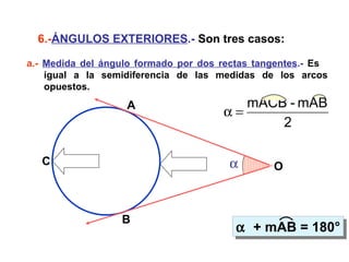 6.- ÁNGULOS EXTERIORES .-  Son tres casos: a.-  Medida del ángulo formado por dos rectas tangentes .-  Es  igual a la semidiferencia de las medidas de los arcos opuestos.  A B C O    + mAB = 180° 
