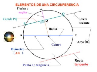ELEMENTOS DE UNA CIRCUNFERENCIA  interactúa A B M N Recta tangente Recta secante Flecha o  sagita Diámetro AB (  ) Centro T  Punto de tangencia Q  P  Radio Arco BQ Cuerda PQ 