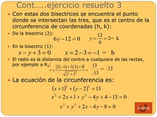 Cont…..ejercicio resuelto 3 
 Con estas dos bisectrices se encuentra el punto 
donde se intersectan las tres, que es el centro de la 
circunferencia de coordenadas (h, k): 
 De la bisectriz (2): 
 En la bisectriz (1): 
6y 12  0 
12 
y  
2= k 
6 
= 
x  y  3  0 x  23  1 = h 
 El radio es la distancia del centro a cualquiera de las rectas, 
por ejemplo a R3: 
    
2  1  3 2  
9 
13 
13 
 
  
2 2 
2 3 
r 
 
13 
 La ecuación de la circunferencia es: 
 1  2 13 2 2 x   y   
2 1 4 4 13 0 2 2 x  x   y  y    
2 4 8 0 2 2 x  y  x  y   Índice 
 