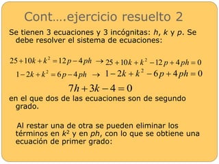 Cont….ejercicio resuelto 2 
Se tienen 3 ecuaciones y 3 incógnitas: h, k y p. Se 
debe resolver el sistema de ecuaciones: 
2510k  k2 12 p  4 ph  25 10 12 4 0 2  k  k  p  ph  
2 1 2k  k  6 p  4 ph  1 2 6 4 0 2  k  k  p  ph  
7h 3k  4  0 
en el que dos de las ecuaciones son de segundo 
grado. 
Al restar una de otra se pueden eliminar los 
términos en k2 y en ph, con lo que se obtiene una 
ecuación de primer grado: 
 