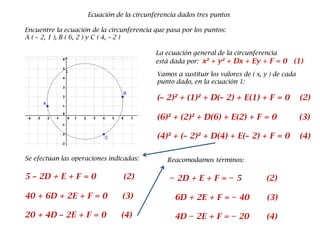 Ecuación de la circunferencia dados tres puntos
Encuentre la ecuación de la circunferencia que pasa por los puntos:
A ( − 2, 1 ), B ( 6, 2 ) y C ( 4, − 2 )
La ecuación general de la circunferencia
está dada por: x² + y² + Dx + Ey + F = 0 (1)
Vamos a sustituir los valores de ( x, y ) de cada
punto dado, en la ecuación 1:
(− 2)² + (1)² + D(− 2) + E(1) + F = 0 (2)
(6)² + (2)² + D(6) + E(2) + F = 0 (3)
(4)² + (− 2)² + D(4) + E(− 2) + F = 0 (4)
Se efectúan las operaciones indicadas:
5 − 2D + E + F = 0 (2)
40 + 6D + 2E + F = 0 (3)
20 + 4D − 2E + F = 0 (4)
Reacomodamos términos:
− 2D + E + F = − 5 (2)
6D + 2E + F = − 40 (3)
4D − 2E + F = − 20 (4)
 