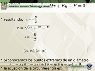• se deduce
• resultando:
• Si conocemos los puntos extremos de un diámetro:
• la ecuación de la circunferencia es:
:
:
 