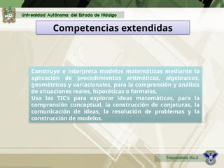 Competencias extendidas
Construye e interpreta modelos matemáticos mediante la
aplicación de procedimientos aritméticos, algebraicos,
geométricos y variacionales, para la comprensión y análisis
de situaciones reales, hipotéticas o formales.
Usa las TIC’s para explorar ideas matemáticas, para la
comprensión conceptual, la construcción de conjeturas, la
comunicación de ideas, la resolución de problemas y la
construcción de modelos.
 