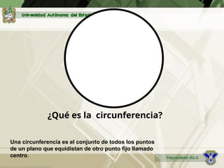 ¿Qué es la circunferencia?
Una circunferencia es el conjunto de todos los puntos
de un plano que equidistan de otro punto fijo llamado
centro.
 