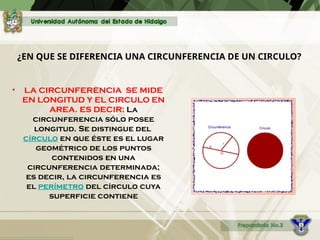 ¿EN QUE SE DIFERENCIA UNA CIRCUNFERENCIA DE UN CIRCULO?
• LA CIRCUNFERENCIA SE MIDE
EN LONGITUD Y EL CIRCULO EN
AREA. ES DECIR: La
circunferencia sólo posee
longitud. Se distingue del
círculo en que éste es el lugar
geométrico de los puntos
contenidos en una
circunferencia determinada;
es decir, la circunferencia es
el perímetro del círculo cuya
superficie contiene
 