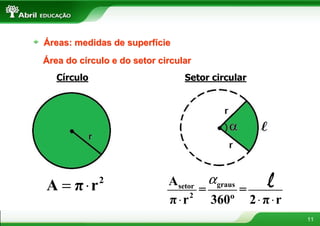 Áreas: medidas de superfície
Área do círculo e do setor circular
   Círculo                       Setor circular




A = π ⋅r     2               A setor α graus      l
                                     =       =
                             π ⋅r  2
                                       360º 2 ⋅ π ⋅ r
                                                        11
 