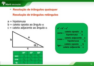 Resolução de triângulos quaisquer
    Resolução de triângulos retângulos

a = hipotenusa
b = cateto oposto ao ângulo α
c = cateto adjacente ao ângulo α     a2 = b2 + c2
                                             cateto oposto b
                                     senα =                =
                                               hipotenusa    a
                                             cateto adjacente c
                                     cosα =                   =
                                                hipotenusa      a
                                             cateto oposto    b
                                     tgα =                  =
                                           cateto adjacente c

           30º      45º     60º
                    2       3
     sen    1
                2       2       2

     cos    3       2       1
                2       2       2

      tg    3       1        3
                3
                                                                    12
 