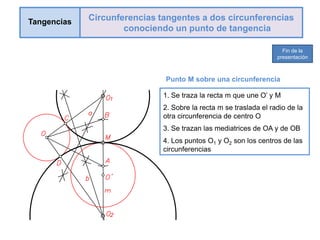 1. Se traza la recta m que une O’ y M
2. Sobre la recta m se traslada el radio de la
otra circunferencia de centro O
3. Se trazan las mediatrices de OA y de OB
4. Los puntos O1 y O2 son los centros de las
circunferencias
Punto M sobre una circunferencia
Tangencias Circunferencias tangentes a dos circunferencias
conociendo un punto de tangencia
Fin de la
presentación
 